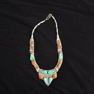 Tibetan Silver With Turquoise and Coral Statement Necklace